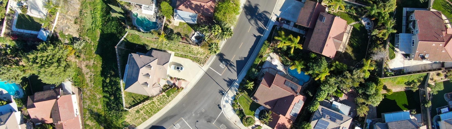 Aerial top view of residential subdivision house in Diamond Bar, Eastern Los Angeles