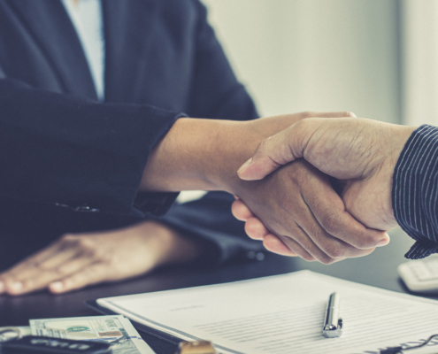 Side view of two businesspeople shaking hands