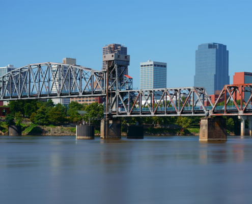 Little Rock, capital of Arkansas, USA. Skyline with Arkansas River at daytime in summer