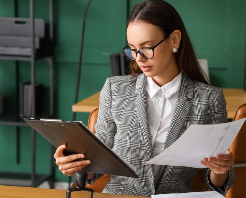 Businesss person looking over insurance papers